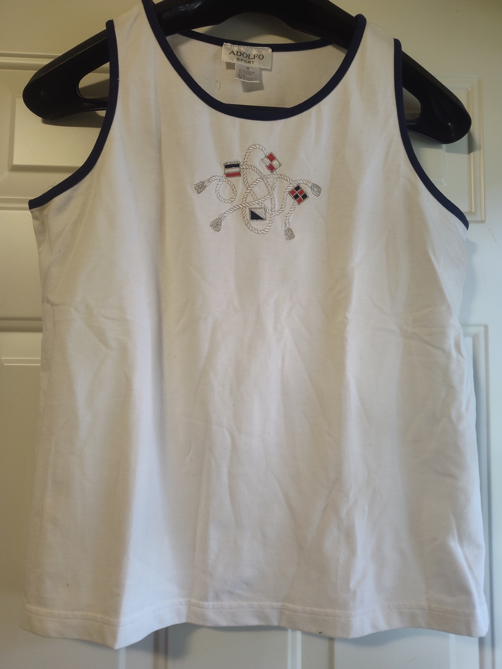 Adolfo White Tank Top with Navy Trim and Nautical Embroidery Size M Bust: 40"